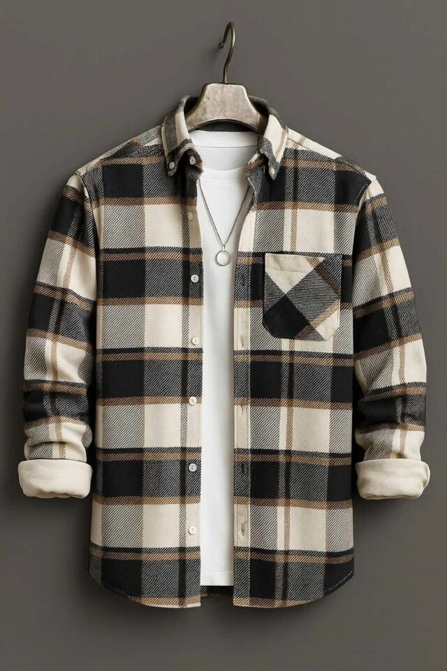 YNGMENCLASS TEK CEP DETAYLI EKOSE DOKULU KAŞMİR PAMUKLU YAKA DÜĞMELİ KIŞLIK ODUNCU GÖMLEĞİ