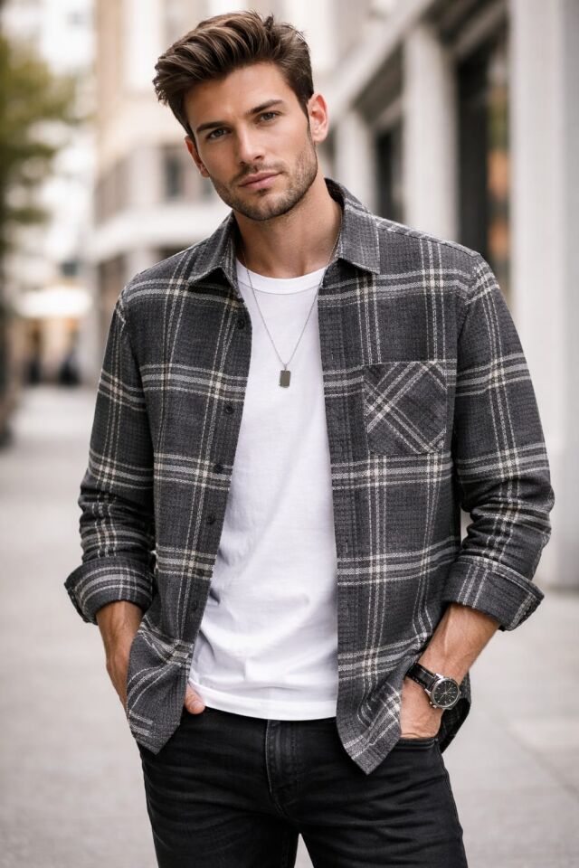 YNGMENCLASS PETEK DESEN KALIN CEKET GÖRÜNÜMLÜ TEK CEP DETAYLI EKOSE DESEN DOKULU ÖRME GÖMLEK