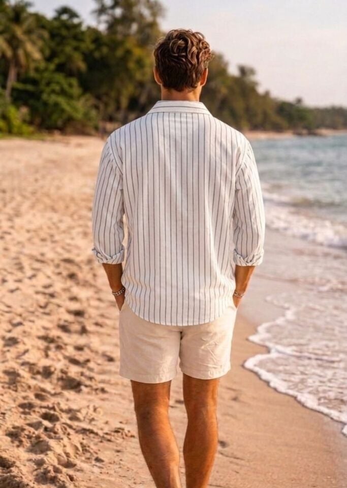 ÜTÜ GEREKTİRMEYEN,HAFİF DOKULU, İNCE ÇİZGİLİ DÖKÜMLÜ OVERSİZE YAZLIK ERKEK GÖMLEĞİ