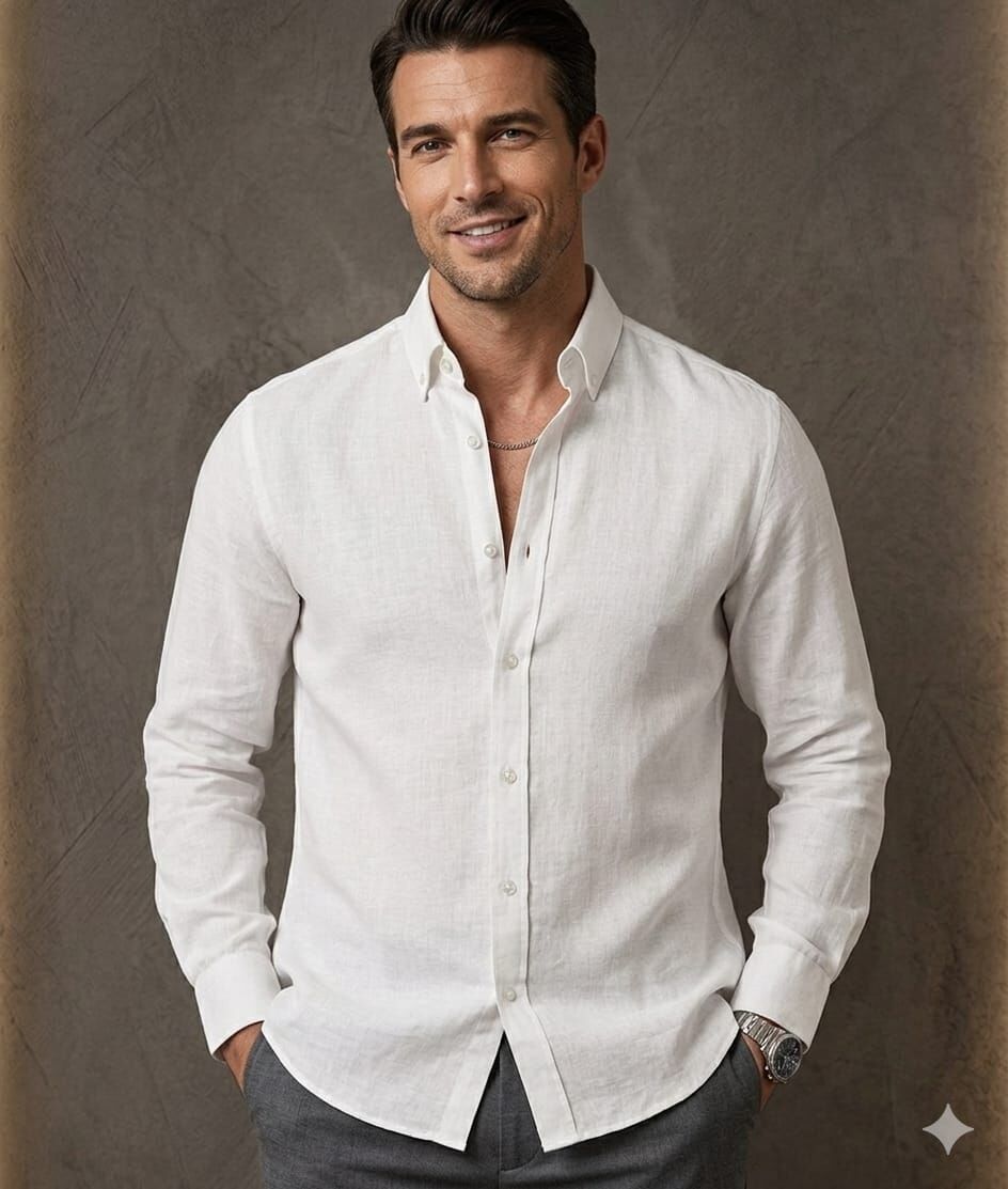 % 100 PAMUK KETEN, NEFES ALAN, HAFİF DOKULU,DÜĞMELİ YAKA,ERKEK KETEN GÖMLEK