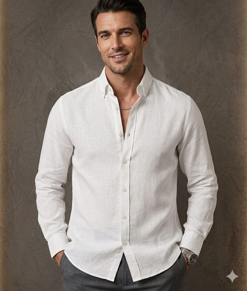 % 100 PAMUK KETEN, NEFES ALAN, HAFİF DOKULU,DÜĞMELİ YAKA,ERKEK KETEN GÖMLEK