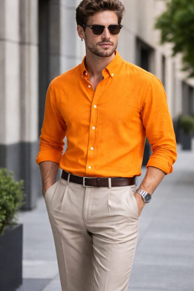 % 100 PAMUK KETEN, NEFES ALAN, HAFİF DOKULU,DÜĞMELİ YAKA,ERKEK KETEN GÖMLEK(Kopya)