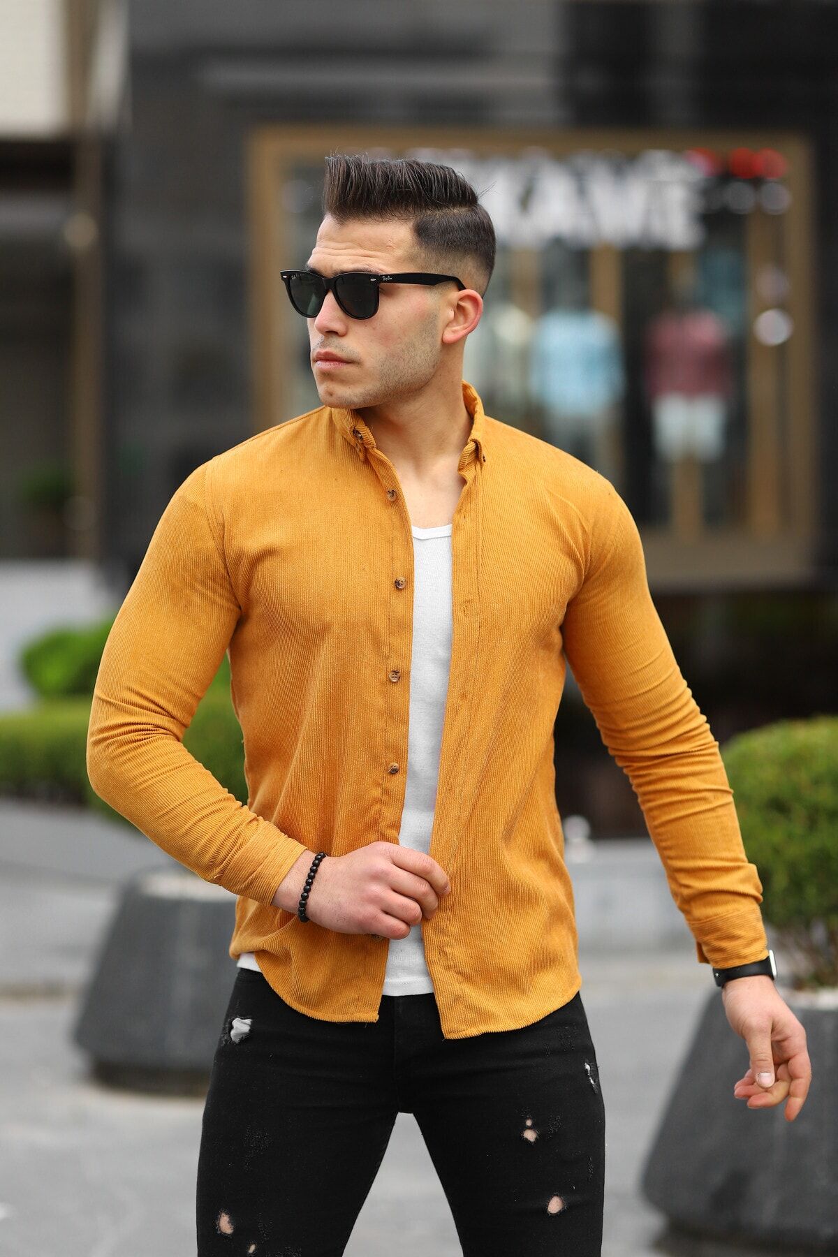 Slim Fit Kadife Gömlek 2XL - SARI